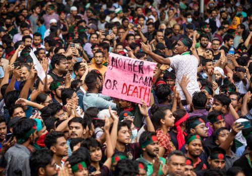 People participate in a protest march against Prime Minister Sheikh Hasina and her government to demand justice for the victims killed in the recent countrywide deadly clashes, in Dhaka, Bangladesh, Saturday, Aug. 3, 2024. (AP Photo/Rajib Dhar)