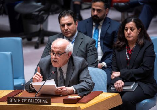 Palestinian Ambassador to the United Nations Riyad Mansour speaks after U.S. Deputy Ambassador to the United Nations Robert Wood voted against members of the Security Council allowing Palestinian U.N. membership during a Security Council at U.N. headquarters in New York City, New York, U.S., April 18, 2024. REUTERS/Eduardo Munoz