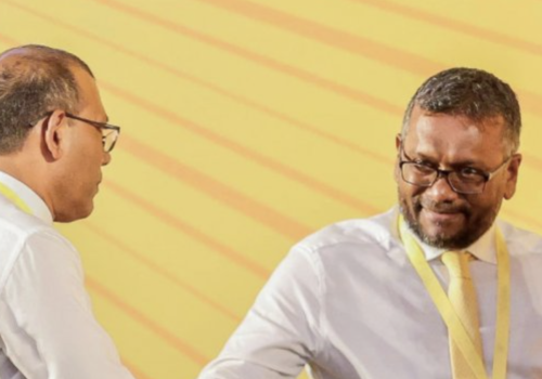 އެމްޑީޕީގެ ކުރީގެ ޗެއާޕާސަން ފައްޔާޒް އިސްމާއީލު އާއި، އެ ޕާޓީގެ ކުރީގެ ރައީސް މުހައްމަދު ނަޝީދު -- ފޮޓޯ: މޯލްޑިވްސް ރިޕަބްލިކް