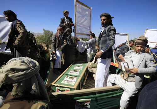 Houthi fighters ride a vehicle carrying the coffin of a slain comrade who was killed in recent US-UK-carried out airstrikes on Houthi sites, during a funeral at the Shaab mosque in Sana'a, Yemen, 14 January 2024. EFE-EPA/YAHYA ARHAB